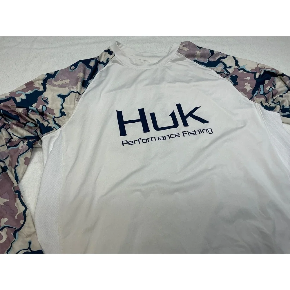 Huk‎ Performance Fishing Long Sleeve Rash Guard Shirt Men's Size M White Camo
